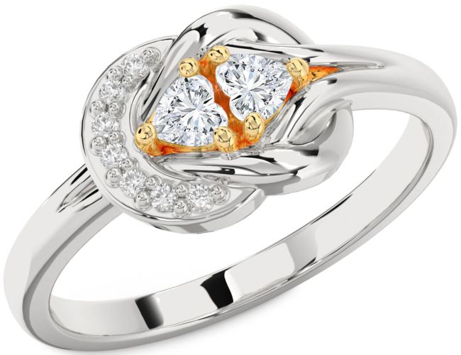 Diamond Gold Silver Knot Two Heart Ring