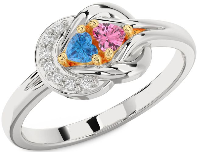 Diamond White Yellow Gold Knot Two Heart Promise Ring