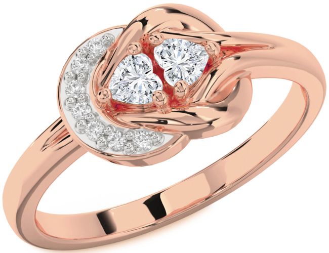 Diamond Rose Gold Silver Knot Two Heart Ring