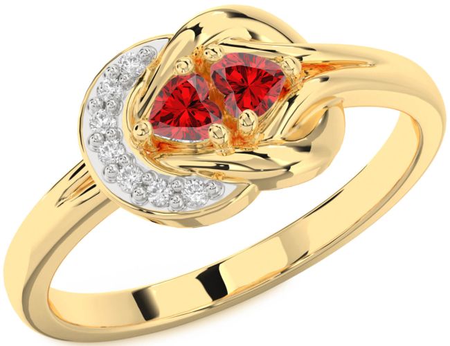 Diamond Ruby Gold Knot Two Heart Birthstone Ring