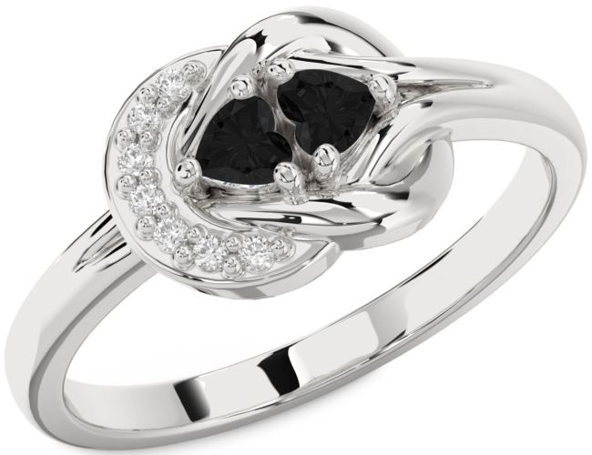 Black Diamond Silver Knot Two Heart Ring