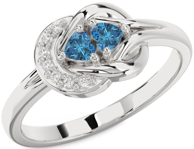 Blue Diamond Silver Knot Two Heart Ring