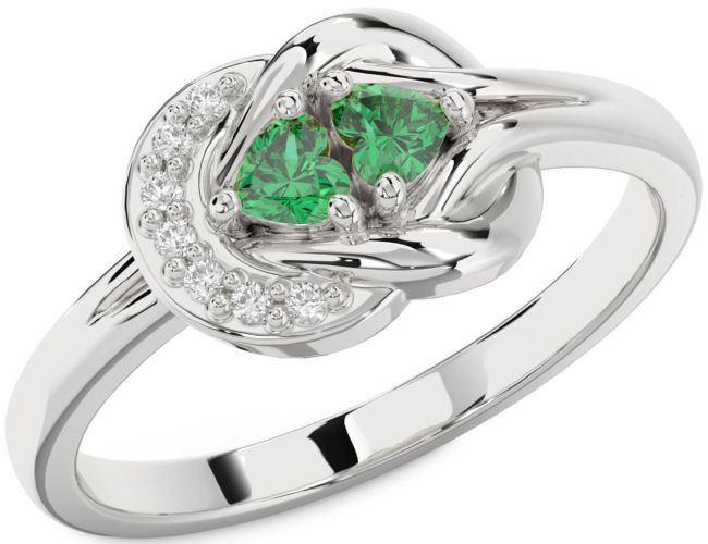 Diamond Emerald Silver Knot Two Heart Birthstone Ring