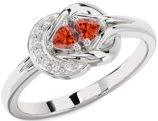 Diamond Fire Opal Silver Knot Two Heart Ring