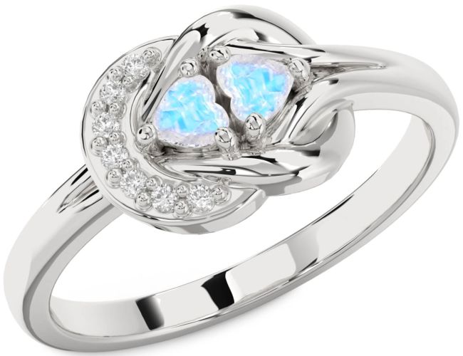 Diamond Moonstone Silver Knot Two Heart Ring