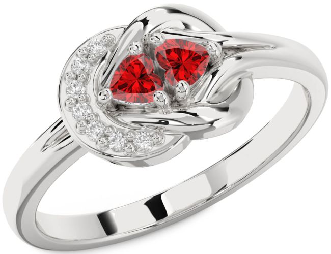 Diamond Ruby Silver Knot Two Heart Birthstone Ring