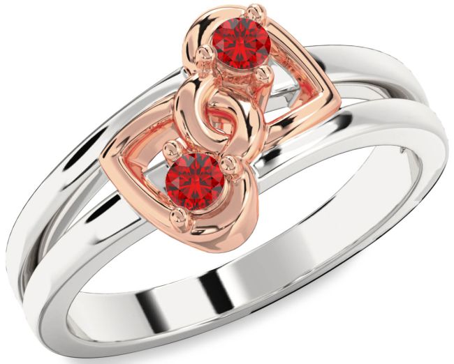 Ruby Rose Gold Silver Heart Two Stone Birthstone Ring