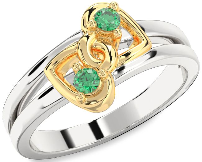 Emerald Gold Silver Heart Two Stone Birthstone Ring