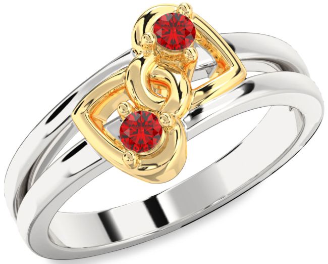 Ruby Gold Silver Heart Two Stone Birthstone Ring