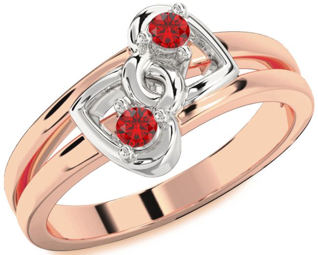 Ruby Rose Gold Silver Heart Two Stone Birthstone Ring