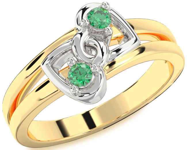 Emerald Gold Silver Heart Two Stone Birthstone Ring
