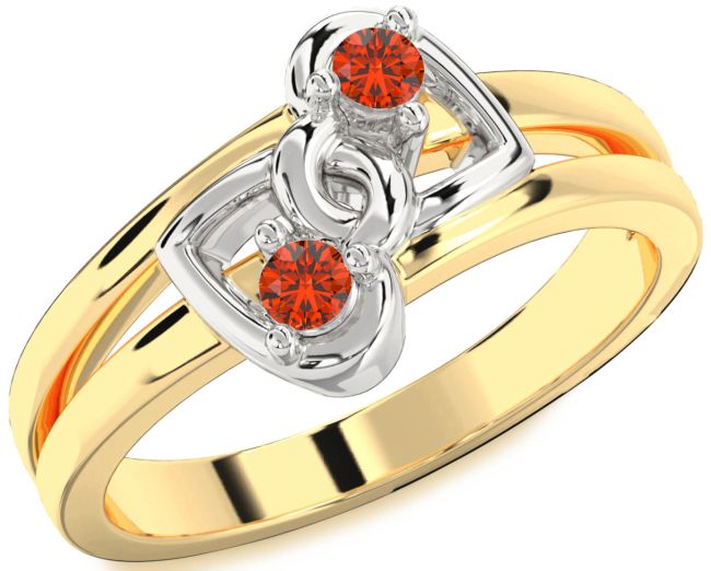 Fire Opal Gold Silver Heart Two Stone Ring