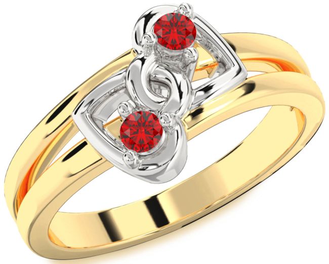 Ruby Gold Silver Heart Two Stone Birthstone Ring