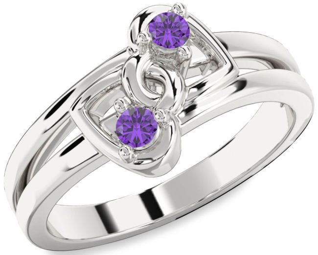 Amethyst Silver Heart Two Stone Birthstone Ring