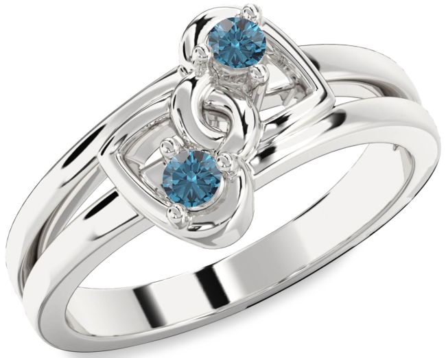 Blue Diamond Silver Heart Two Stone Ring