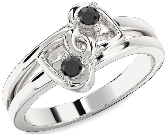 Black Onyx Silver Heart Two Stone Ring