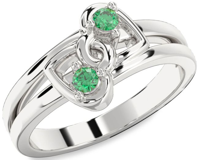 Emerald Silver Heart Two Stone Birthstone Ring