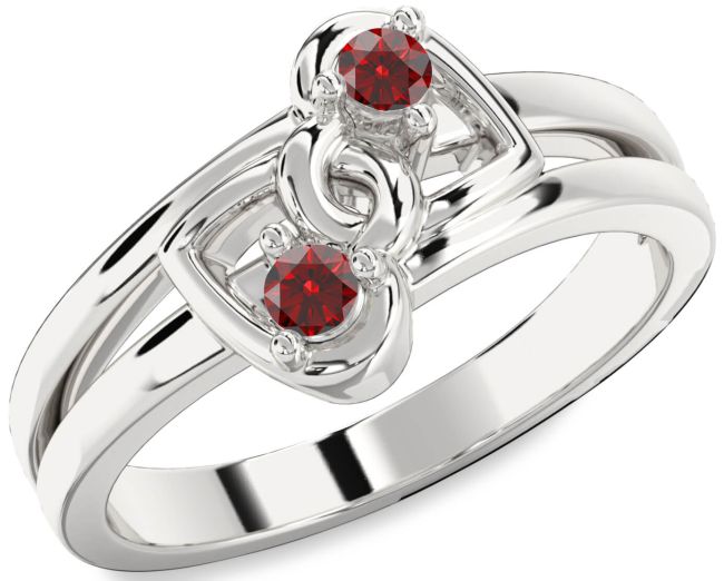 Garnet Silver Heart Two Stone Birthstone Ring
