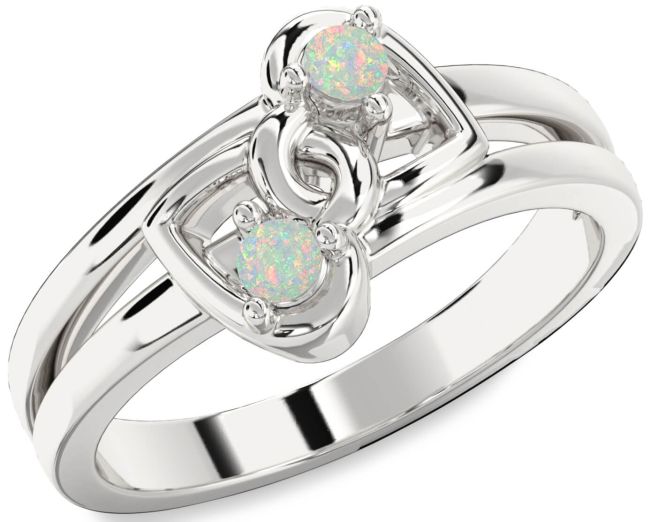 Opal Silver Heart Two Stone Birthstone Ring