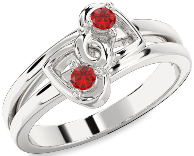 Ruby Silver Heart Two Stone Birthstone Ring