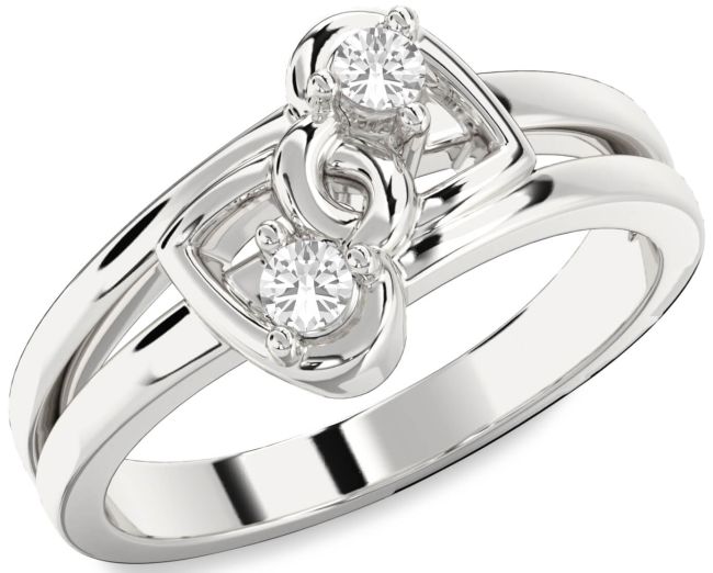 White Sapphire Silver Heart Two Stone Ring
