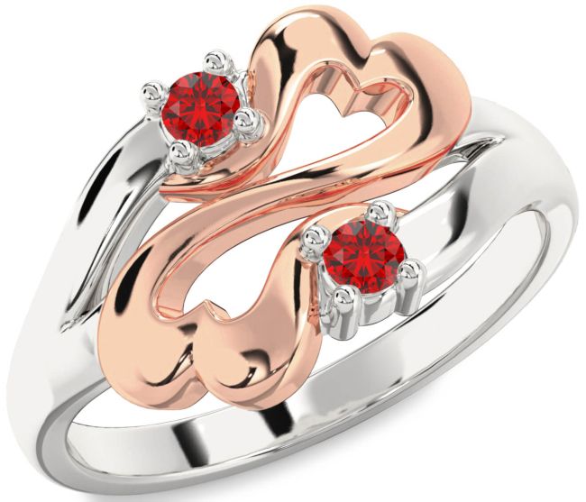 Ruby Rose Gold Silver Infinity Heart Two Stone Birthstone Ring
