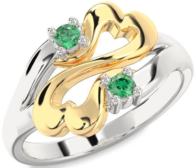 Emerald Gold Silver Infinity Heart Two Stone Birthstone Ring