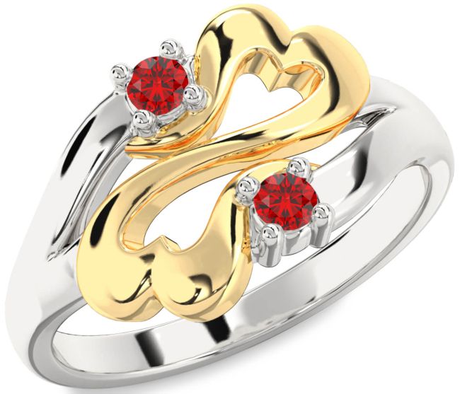 Ruby Gold Silver Infinity Heart Two Stone Birthstone Ring