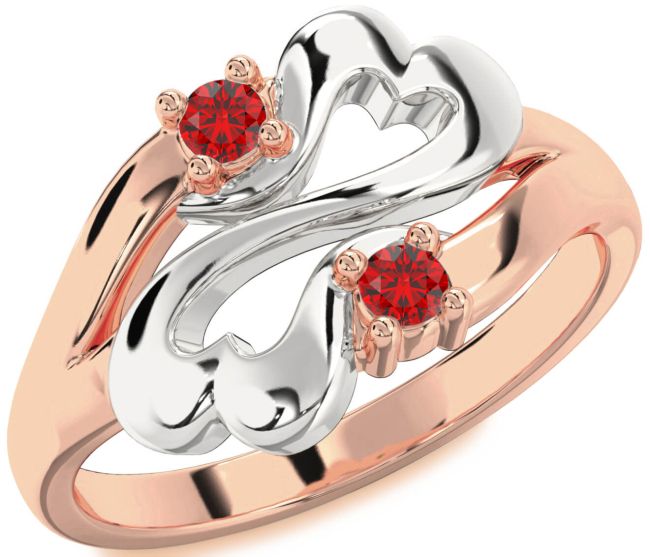 Ruby Rose Gold Silver Infinity Heart Two Stone Birthstone Ring