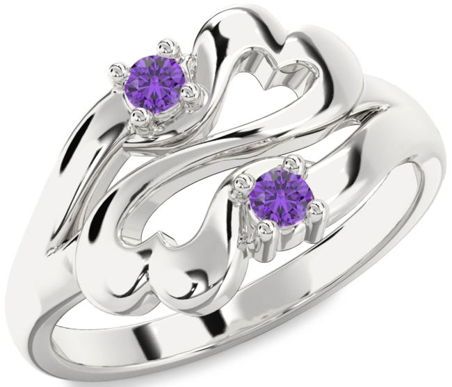 Amethyst Silver Infinity Heart Two Stone Birthstone Ring