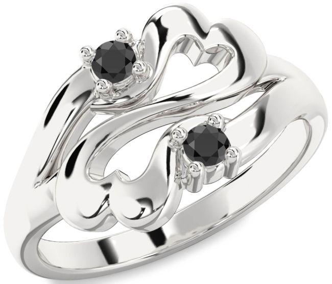 Black Onyx Silver Infinity Heart Two Stone Ring