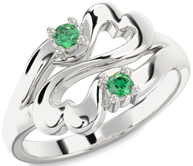 Emerald Silver Infinity Heart Two Stone Birthstone Ring