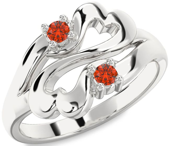 Fire Opal Silver Infinity Heart Two Stone Ring