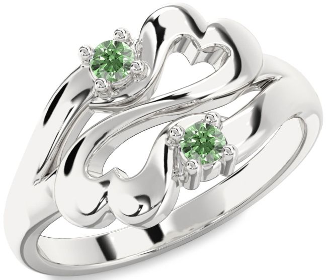 Green Diamond Silver Infinity Heart Two Stone Ring