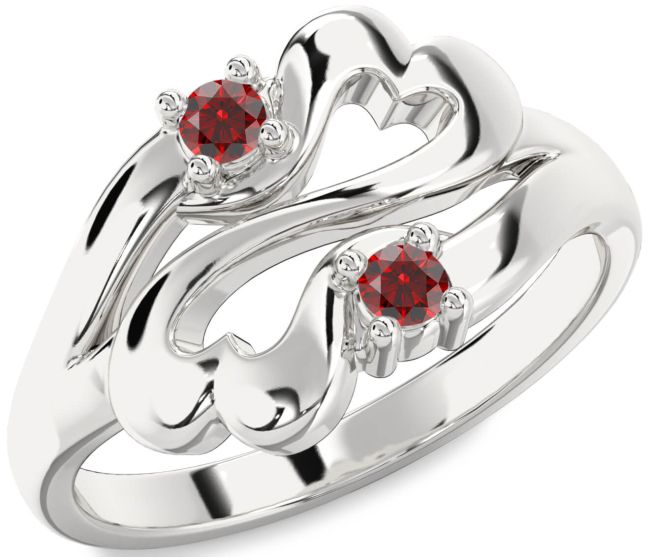 Garnet Silver Infinity Heart Two Stone Birthstone Ring