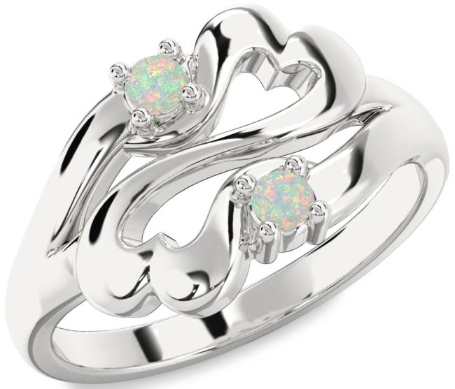 Opal Silver Infinity Heart Two Stone Birthstone Ring
