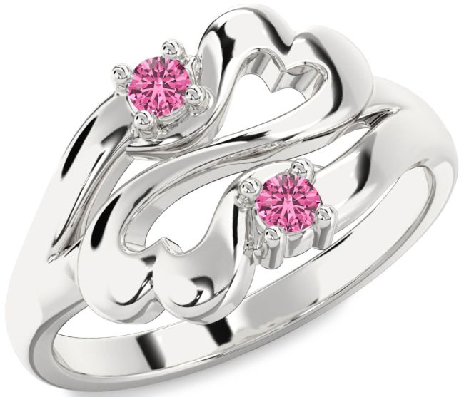 Pink Sapphire Silver Infinity Heart Two Stone Ring