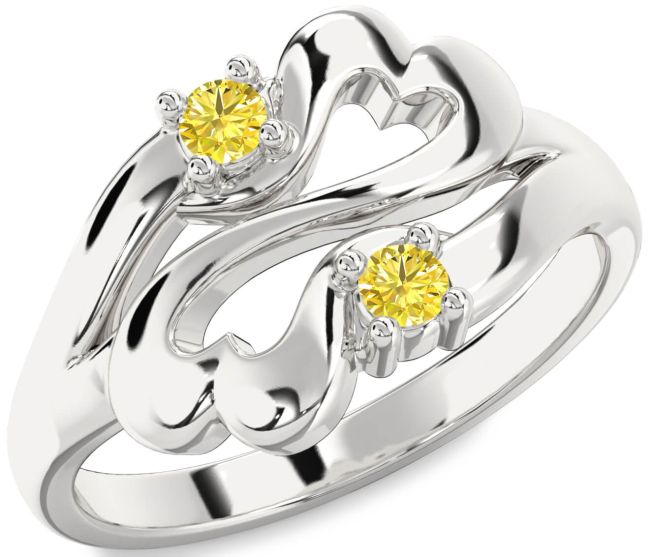 Yellow Diamond Silver Infinity Heart Two Stone Ring