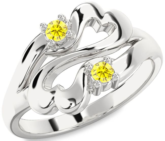 Yellow Sapphire Silver Infinity Heart Two Stone Ring