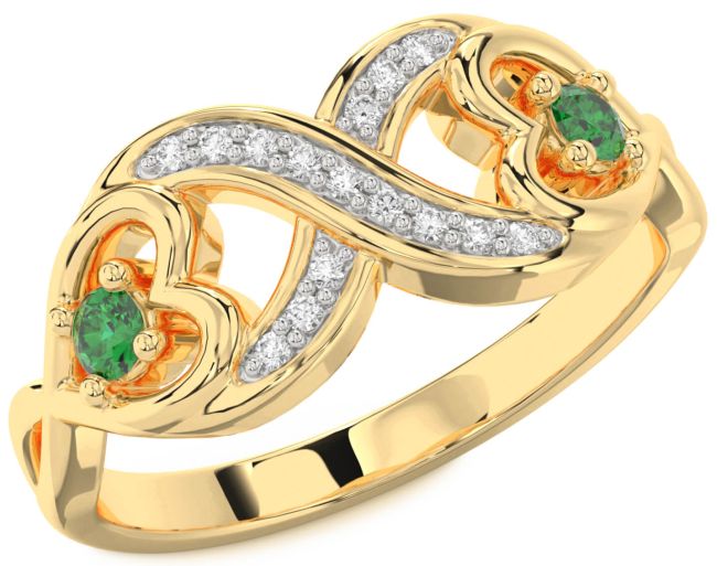 Diamond Emerald Gold Infinity Heart Two Stone Birthstone Ring