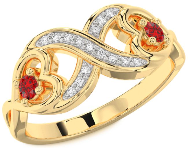 Diamond Ruby Gold Infinity Heart Two Stone Birthstone Ring