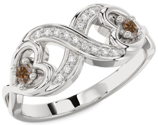 Chocolate Brown Diamond Silver Infinity Heart Two Stone Ring