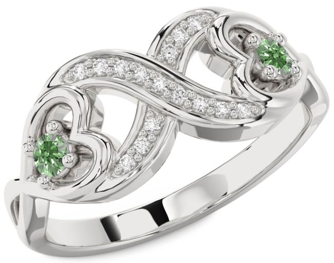 Green Diamond Silver Infinity Heart Two Stone Ring