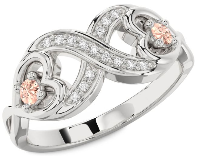 Diamond Morganite Silver Infinity Heart Two Stone Ring