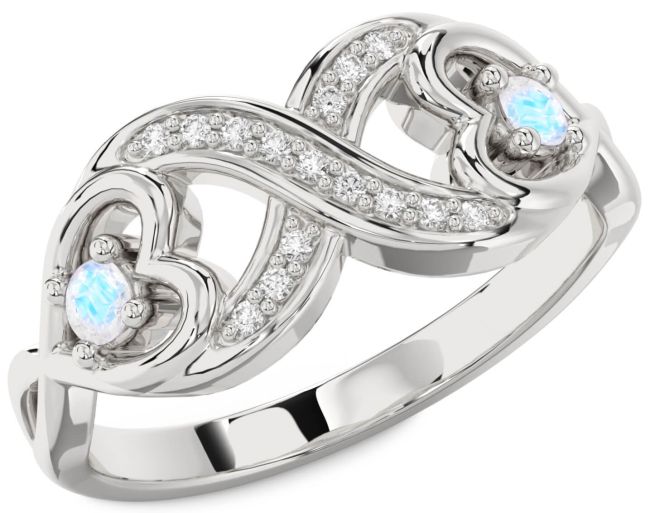 Diamond Moonstone Silver Infinity Heart Two Stone Ring