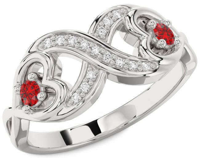 Diamond Ruby Silver Infinity Heart Two Stone Birthstone Ring