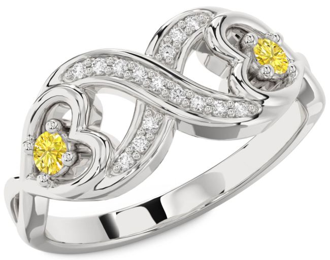 Yellow Diamond Silver Infinity Heart Two Stone Ring