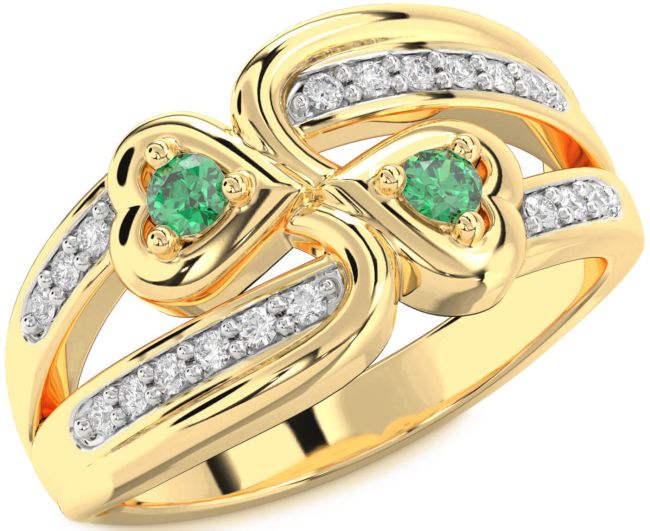 Diamond Emerald Gold Heart Two Stone Birthstone Ring