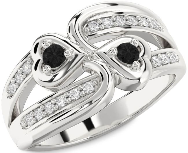 Black Diamond Silver Heart Two Stone Ring