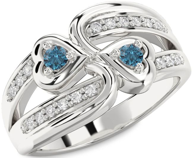 Blue Diamond Silver Heart Two Stone Ring